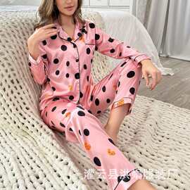 欧美跨境外贸仿真丝开衫开纽女士舒适家居服可外穿两件套睡衣