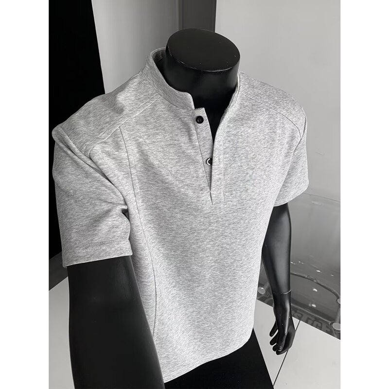 Binzi Style Henry Collar Short-Sleeve Men's Summer Waffle Knit Regular Shoulder T-Shirt Base Shirt Light Gray American-Style Polo Shirt Binzi Style Henry Collar Short-Sleeve Men's Summer Waffle Knit Regular Shoulder T-Shirt Base Shirt Light Gray American-Style Polo Shirt