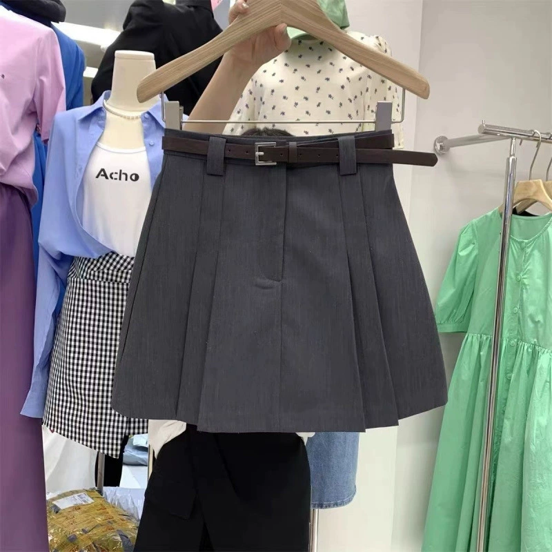 Серая короткая юбка с поясом, тонкая плиссированная юбка с высокой талией, юбка-трапеция с защитой от воздействия, женская нишевая короткая юбка ins