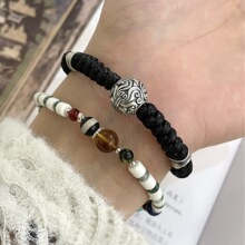 S925银天然石蜜蜡鱼纹手链➕雕花圆球手工编绳手链复古做旧风格