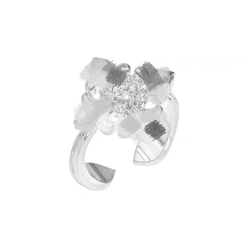 Three Horizontal Iris Flower Square Ring Women's Opening Adjustable Retro Light Luxury Maillard Jewelry Niche Ring Wholesale