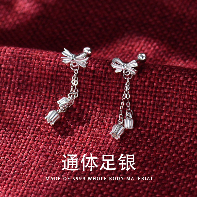 蝴蝶結耳墜S999銀韓版小清新甜美流蘇耳骨釘氣質小眾設計感2023年