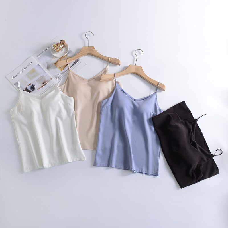 Bra with Chest Pad One-piece Ice Silk Satin V-neck Camisole Women's Summer Thin Loose Silk Base Shirt Bra with Chest Pad One-piece Ice Silk Satin V-neck Camisole Women's Summer Thin Loose Silk Base Shirt