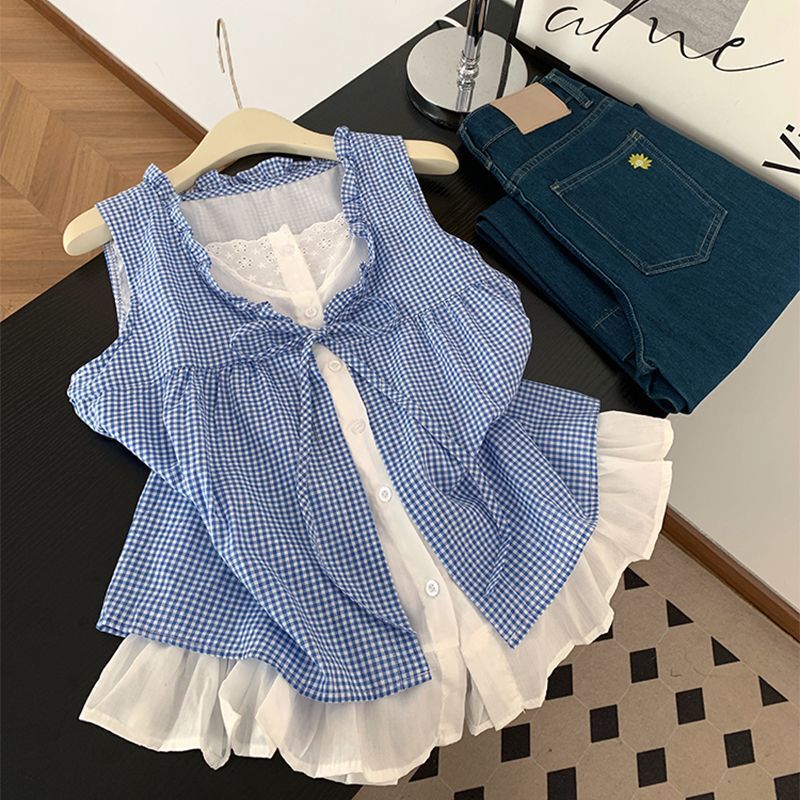 Lace Patchwork Fake Two-Piece Plaid Sleeveless Vest Shirt for Women Summer Ruffled Bow Tie Loose Top