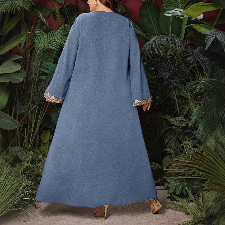 Ethno-Stil Damenkleid mit Stickerei, V-Ausschnitt, langen Ärmeln, lockerem Maxirock, Übergröße, exotische Herbstmode_voghion.com