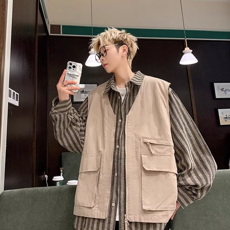 Fake Two-Piece Vest Work Shirt Men's Loose Retro Trendy Brand Handsome Japanese Style Stripesd Shirt Splicing Casual Jacket