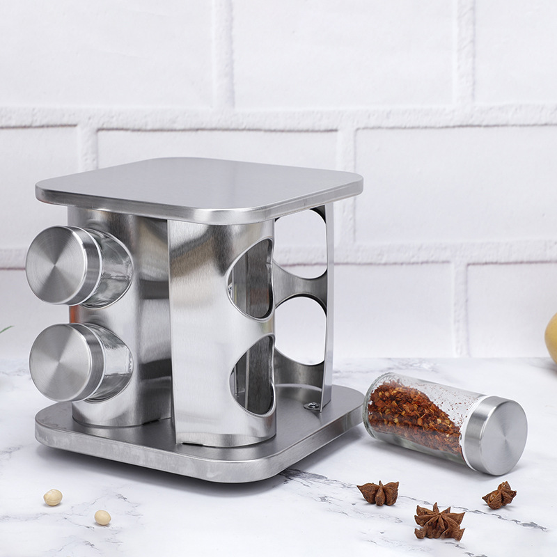 Botella de condimento base giratoria botella de condimento de acero inoxidable 8 combinación traje condimento botella de condimento de vidrio botella de condimento al por mayor