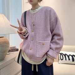 韩系圆领针织开衫女装2025年秋季新款宽松显瘦百搭单排扣毛衣外套