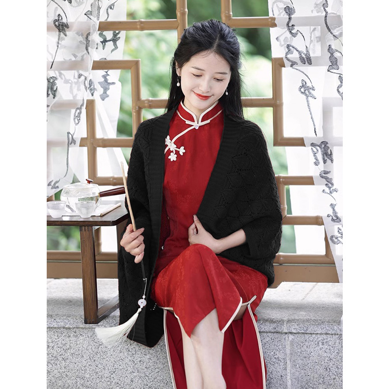 Retro fresco 2024 flor de cadena de verano fino hueco literario estilo perezoso cárdigan con chal exterior cheongsam