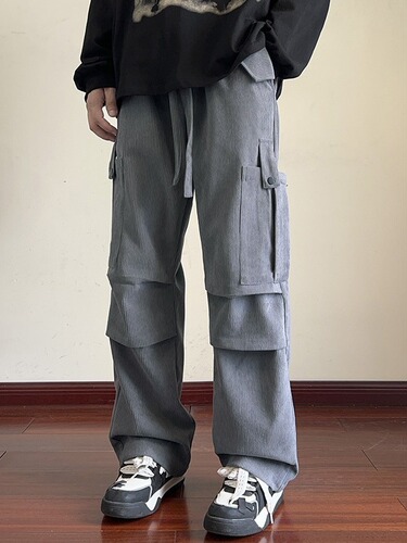 Men's winter and autumn corduroy work pants, loose straight-leg pants, fashionable plus-size wide-leg casual long pants
