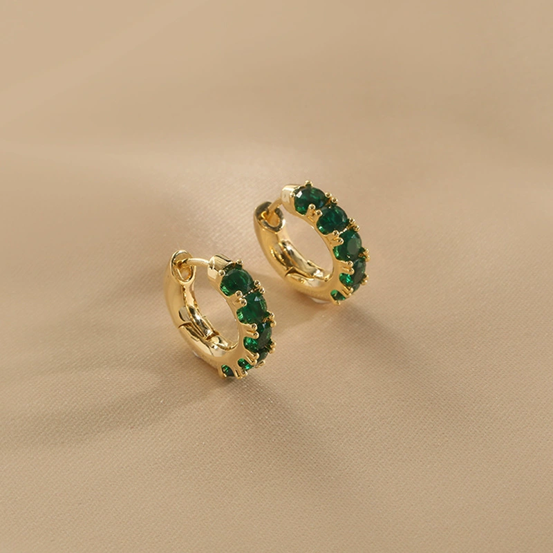 Earrings W683, zirconium stones, green or red, gold‑tone light‑luxury hoop design