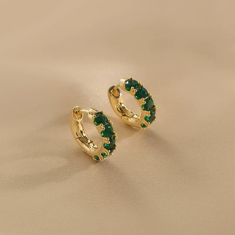 Earrings W683, zirconium stones, green or red, gold‑tone light‑luxury hoop design