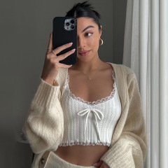 Ins-style women's clothing 2024 spring lace and edge splicing small backless top sexy ultra-short knit bustier top