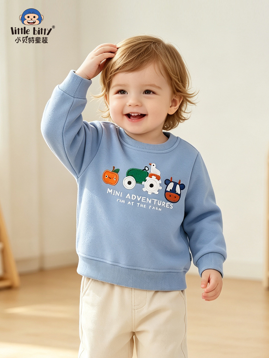 Cross-border children's clothing: 2026 autumn children's sweatshirt with cartoon animal embroidery, round-neck baby sweatshirt, clothing for toddlers and young children