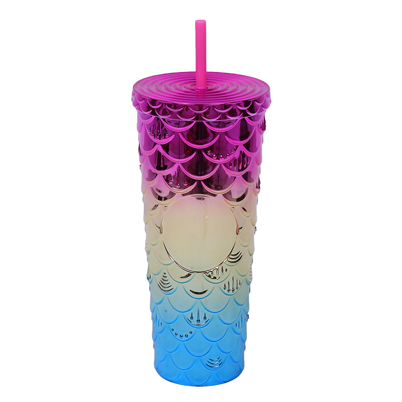 新款榴莲杯立体浮雕鱼鳞杯厂家直供创意大容量双层塑料吸管杯定制