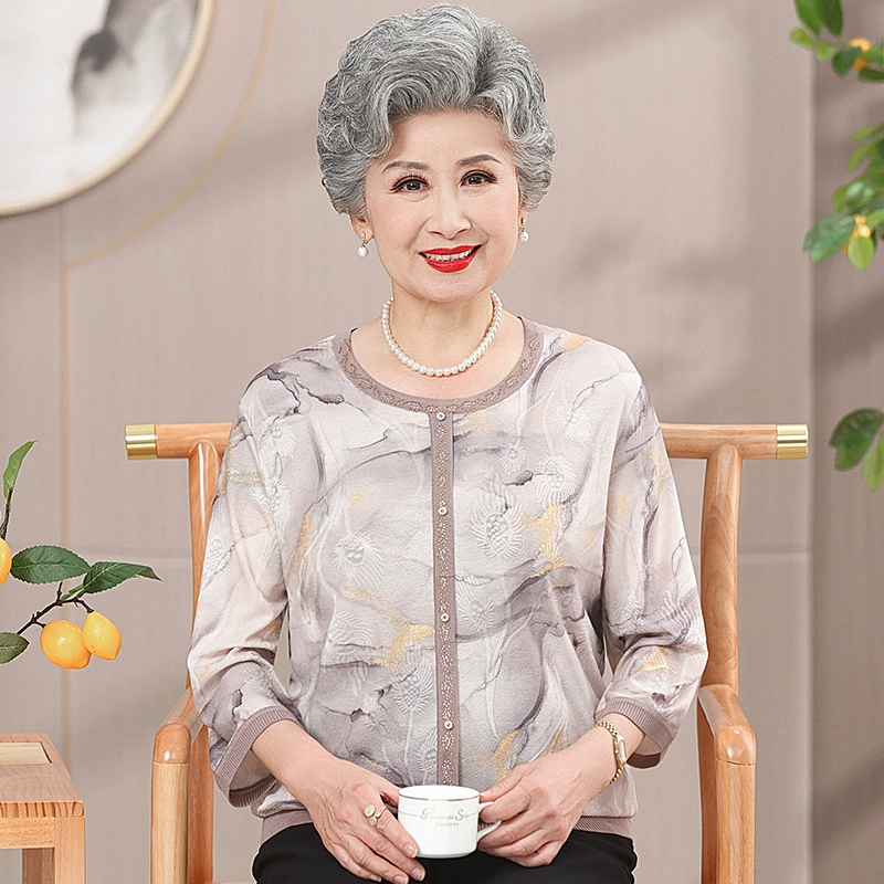 Пожилые люди осенние платья мама футболка топ тонкая старушка одежда свободная большая мама бабушка топ