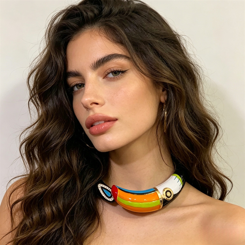 European and American Cross-Border New Design Metal Colorful Enamel Parrot Collar Necklace Personalized Open Flamingo Bracelet for Women