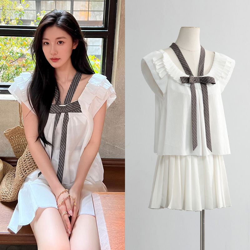[in Stock] Yang Chaoyue Style Fashionable Versatile Backless U-Neck Pleated Color-Block Striped Bow Straight-Leg Shirt for Women Summer