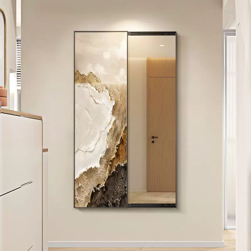 现代简约玄关推拉全身镜装饰画卧室隐藏镜子挂画入户可关闭穿衣镜