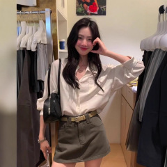 韩系穿搭女春季新款气质宽松白色长袖衬衫高腰工装半身裙时尚套装
