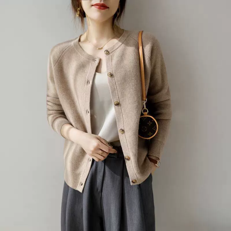 Demi-season cardigan, woolen sweater, jacket, round collar, loose fit