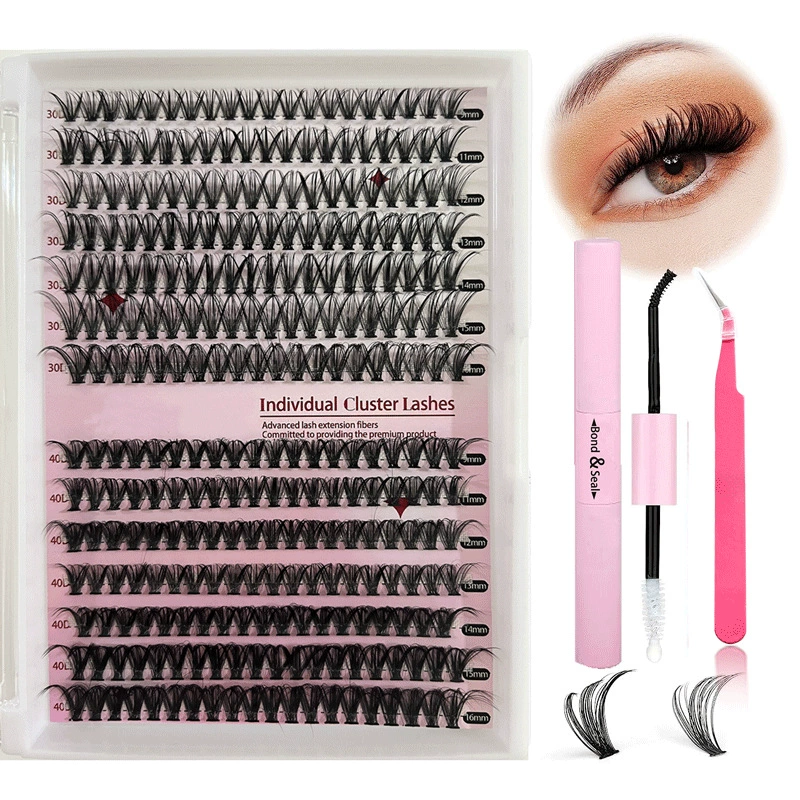 Набор для наращивания ресниц DIY Cluster Lashes, смешанные 30D/40D индивидуальные пучки, 12–14 рядов, пинцет и клей