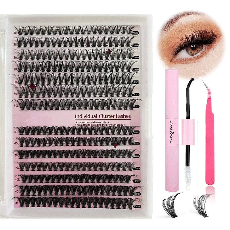 Набор для наращивания ресниц DIY Cluster Lashes, смешанные 30D/40D индивидуальные пучки, 12–14 рядов, пинцет и клей