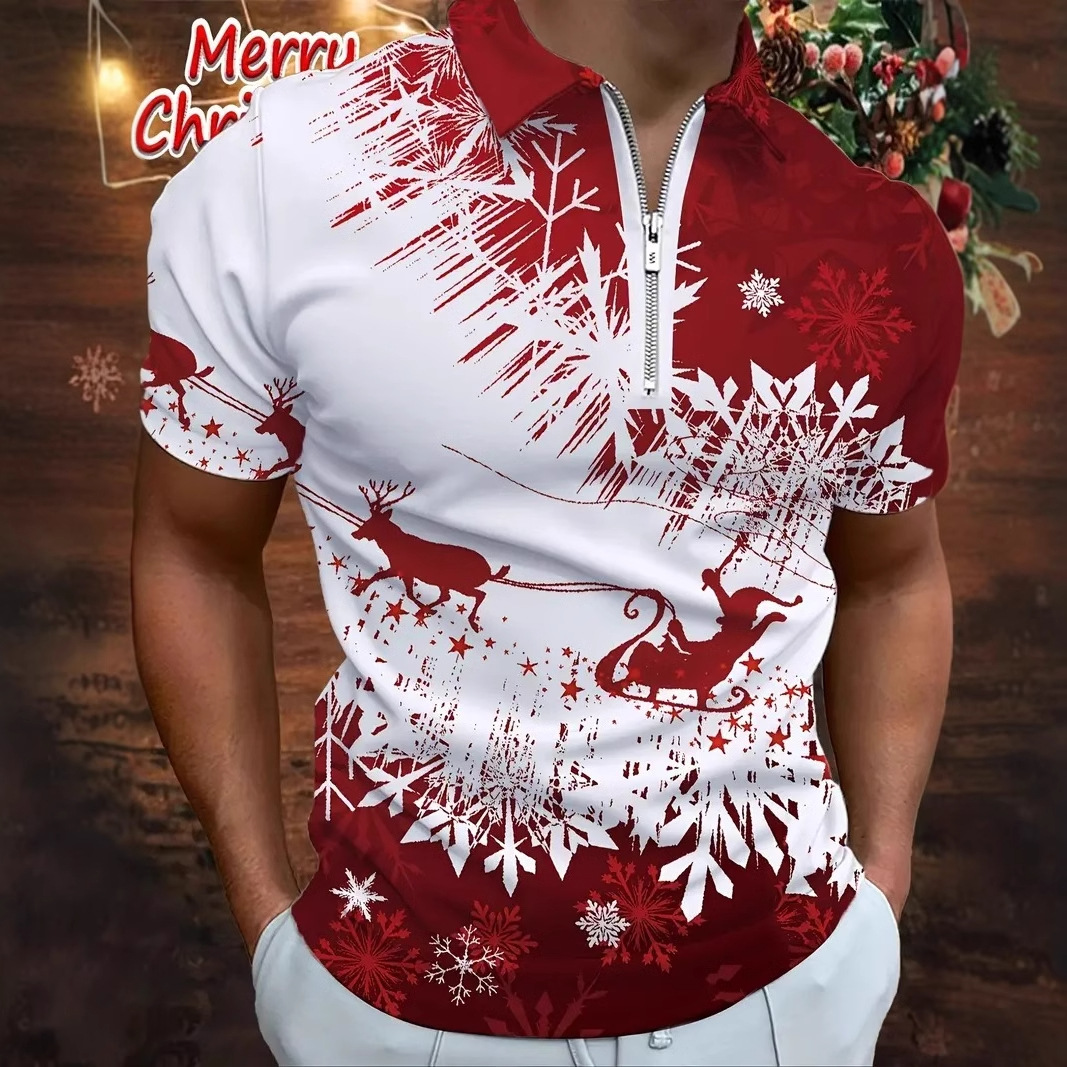 2025 Navidad alce graffiti impresión 3D moda callejera para hombres todo fósforo cremallera suelta camisa POLO de manga corta