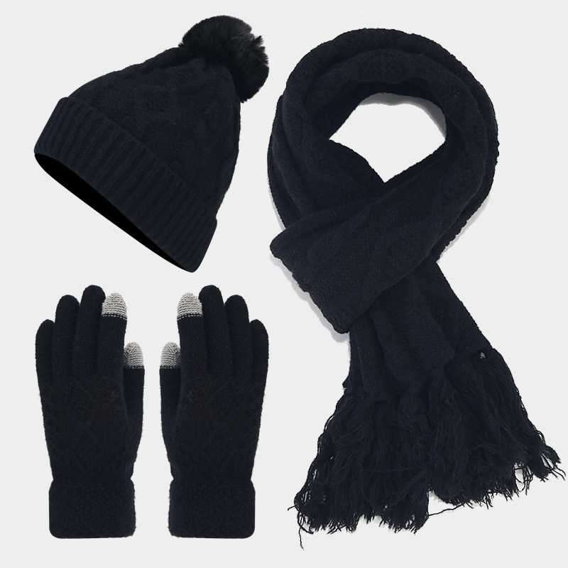 Moda europea y americana nuevo giro con borla forrada de lana sombrero cálido bufanda guantes de tres piezas conjunto de otoño e invierno traje cálido