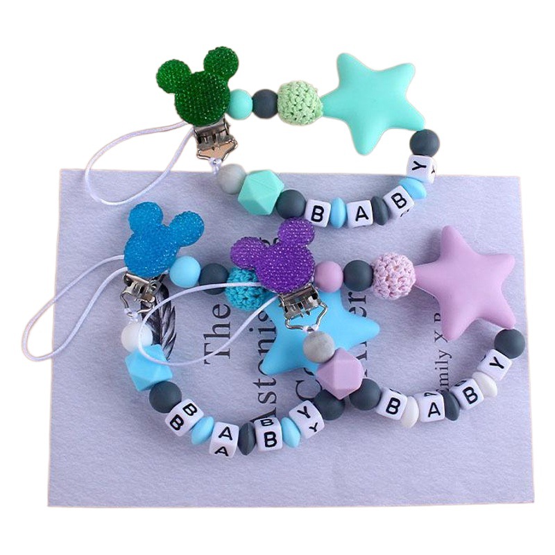Suministros para bebés Mickey chupete clip calmante Cadena de chupete de silicona Big Star mordedor cadena anti-caída nombre del bebé