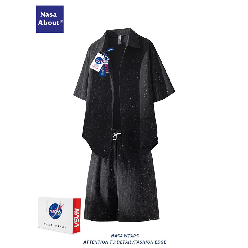 Nasa Trendy Brand Baby's Breath Short-Sleeved Shirt Suit Men's Summer Ice Silk Casual Shirt Shorts Trendy Two-Piece Set Nasa Trendy Brand Baby's Breath Short-Sleeved Shirt Suit Men's Summer Ice Silk Casual Shirt Shorts Trendy Two-Piece Set