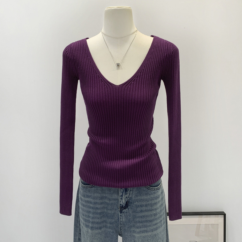 Brand Discount Korean Style Gentle and Sweet Pink V Neck Long-Sleeved Inner Knitwear for Women 2025 New Autum Style