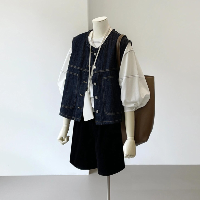Retro Design Dark Blue Denim Vest for Women Spring and Summer New Fashionable Slim and Versatile Short Vest Jacket Trendy