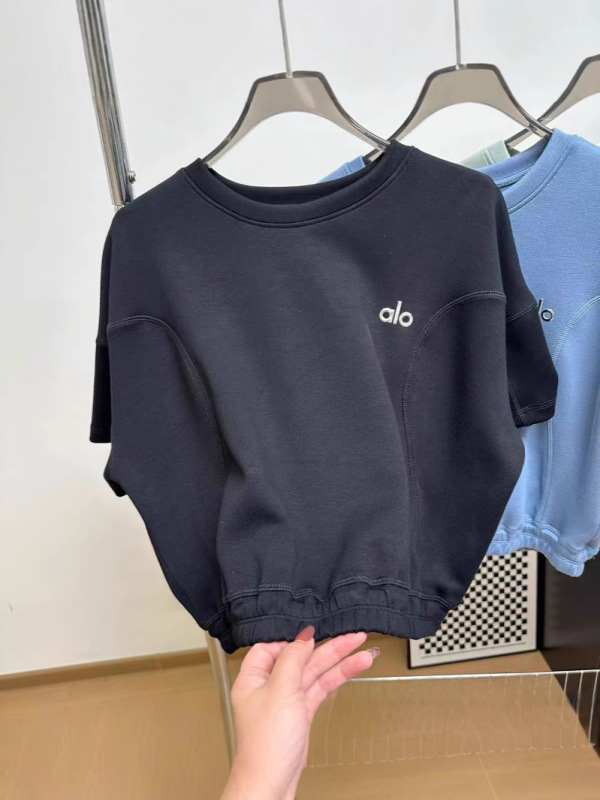 aloクラス 春夏 エアレイヤー ヨガ ショートTシャツ 伸縮性裾 おへそ出し ウエスト半袖トップス|undefined