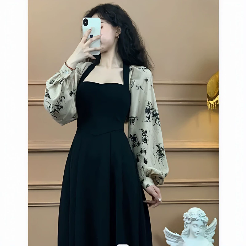 Ретро платье с квадратным воротником и цветочным принтом для полных девушек, элегантный дизайн с завышенной талией, длинная юбка для женщин, весна-осень