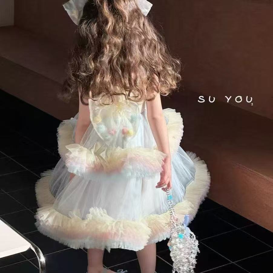 25-Year-Old Summer Girls' Rainbow Suspender Dress for Small and Medium-Sized Kidsren Princess Dress Vest Dress Puffy Mesh Dress