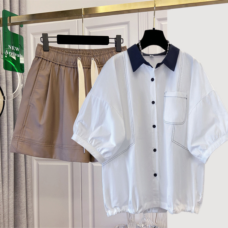 Summer Plus-Size Color-Blocked Lapel Loose Shirt Set for Women + Retro Casual Tie Loose Two-Piece Set