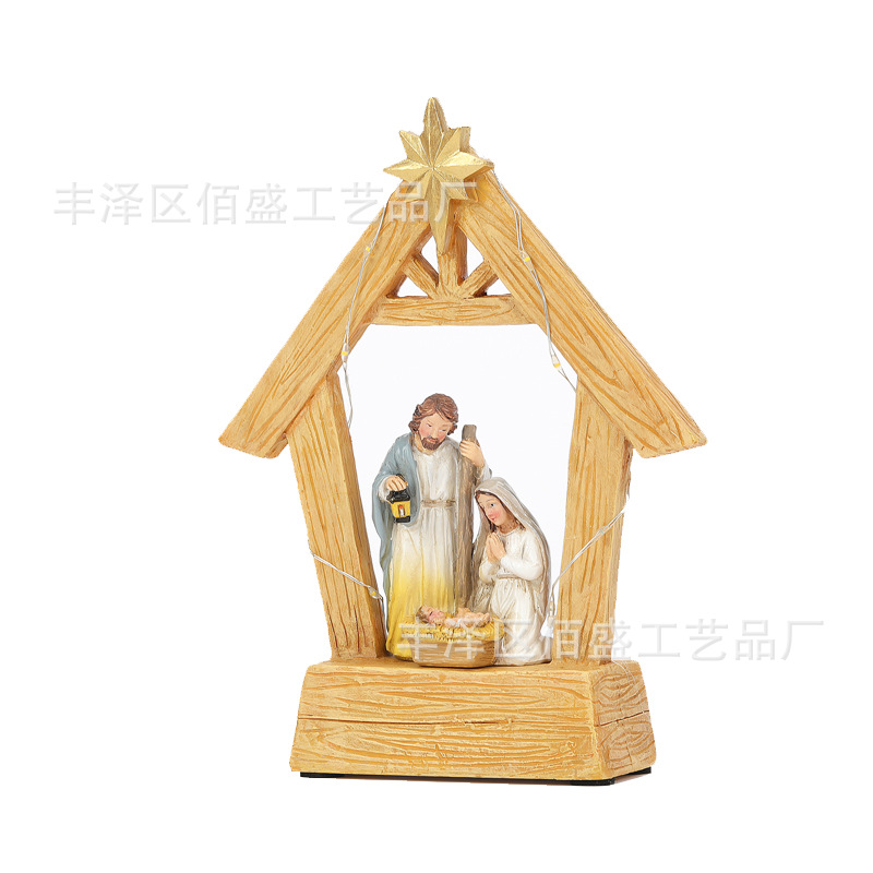 Resina transfronteriza luz LED escena de nacimiento ornamentación del pesebre Santa María José figura regalos de Navidad