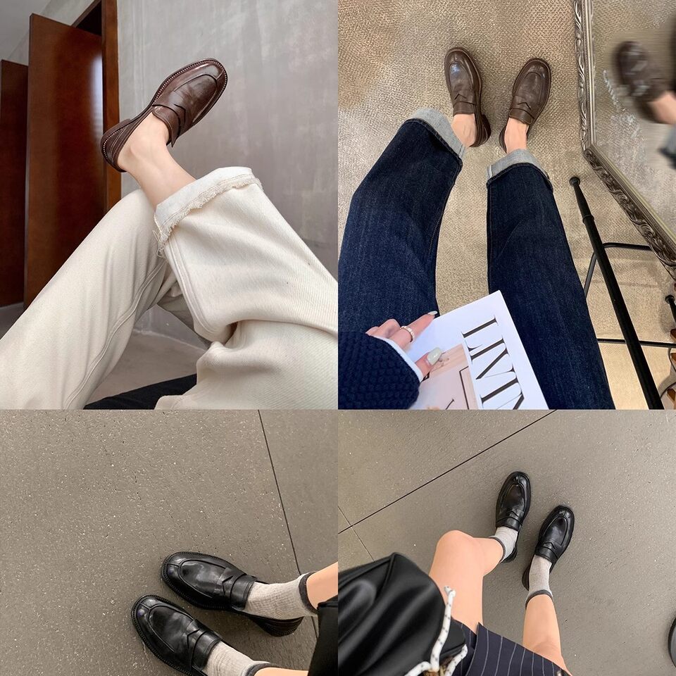 Giày lười nữ da bò mũi tròn gót vừa 3–5 cm — Điểm đen, Đốm nâu cổ điển