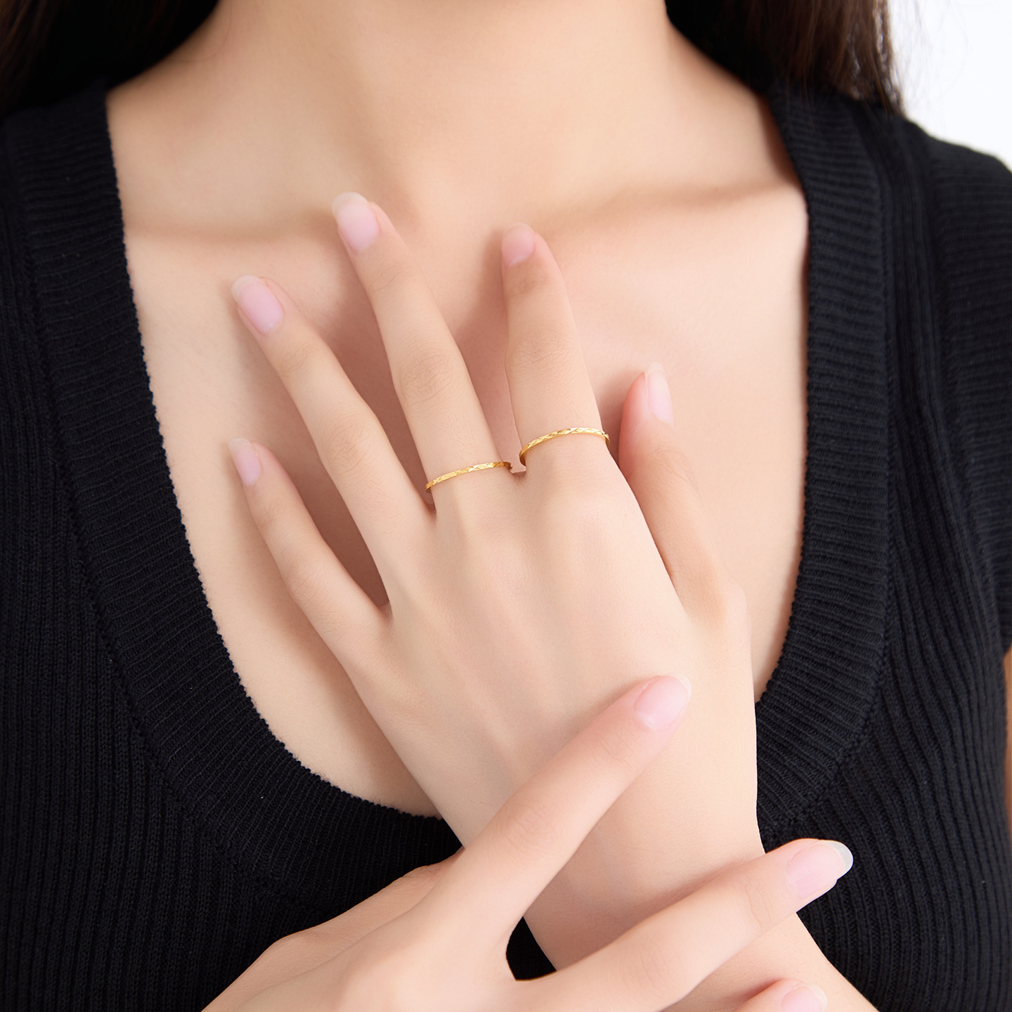 Anillo Doble Fino de Acero Inoxidable 304, Galvanizado, Diseño Geométrico, para Mujer
