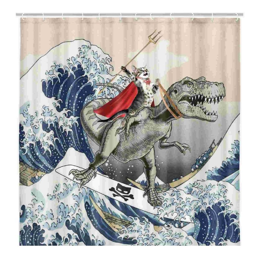 Divertida cortina de baño valiente gato sostiene tridente flecha montar tiburones en las olas ballenas gatos cortina de baño conjunto baño