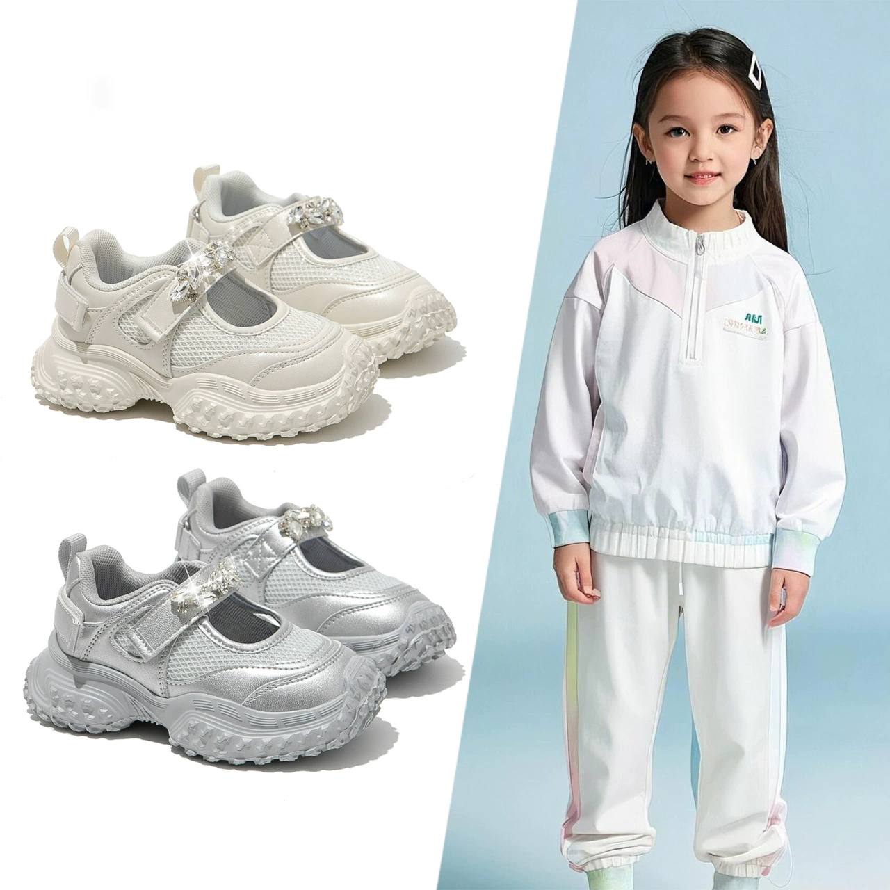 Детские стразы дурианская нижняя обувь для девочек весна 2025 новая сетка дышащая обувь для девочек легкие кроссовки