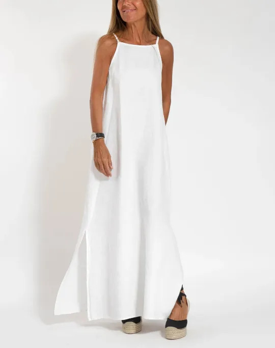 Women's Clothing Fashion Casual Cotton Linen Slit Suspender Dress_ecoleips.com