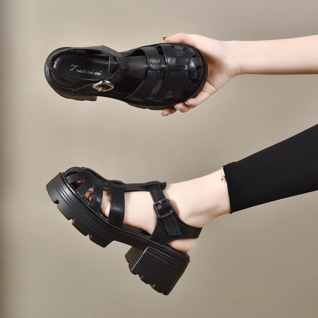Sandal La Mã nữ đế tăng chiều cao da thật mũi tròn gót vuông quai ngang — màu đen