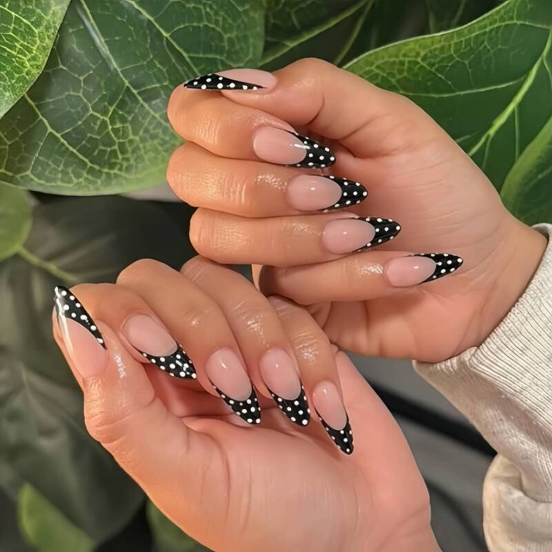 24 Pieces of Wearable Nails, French White Polka Dot Almond Nails, New Style Wearable Nails, Fashionable Nail Patches, Nail Art Patches