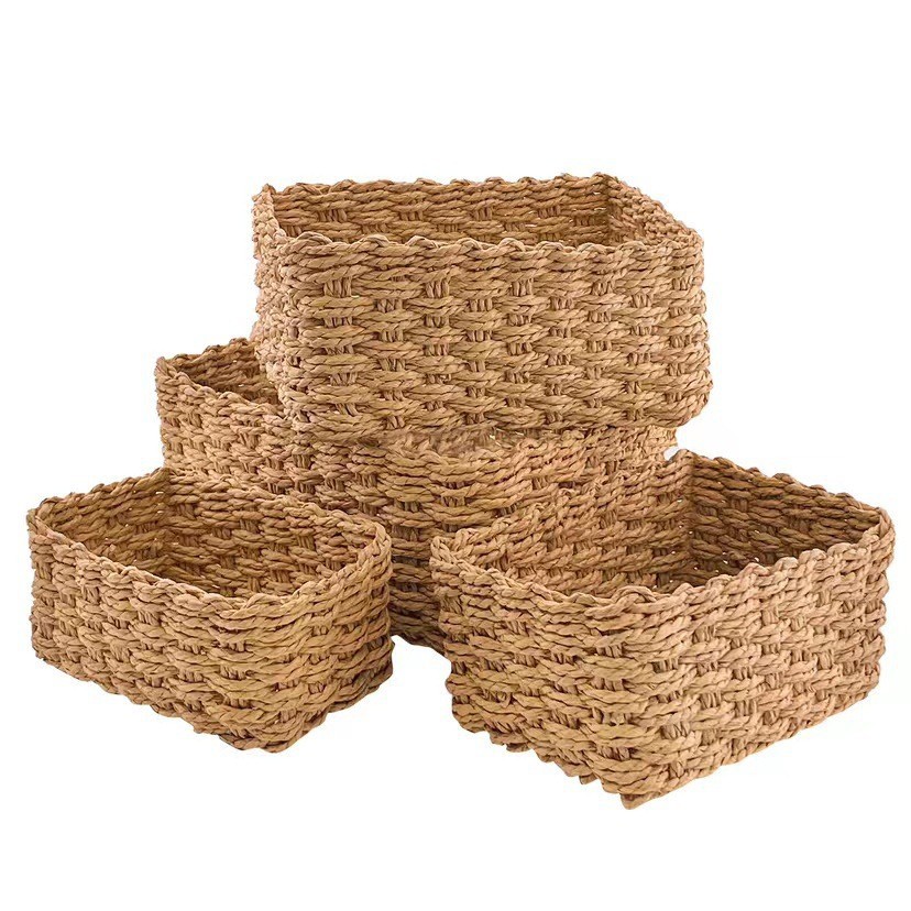 Caja de almacenamiento de artículos diversos de escritorio de paja hecha a mano tejida pasillo canasta de almacenamiento de ropa de habitación cesta de almacenamiento de cosméticos