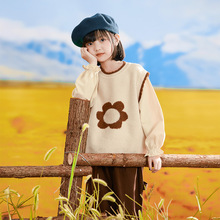 女童毛衣2023新款韩版优雅秋季假两件花朵上衣甜美儿童针织打底衫