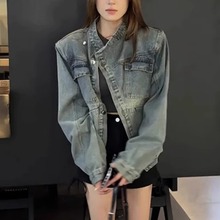 美式复古做旧宽松长袖牛仔外套女春秋季2025设计立领夹克上衣