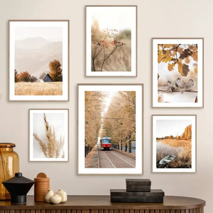 Nordic Plants Autumn Nature Landscape Maple Leaf Pumpkin Lake Living Room Bedroom Decoration Frameless Hanging Painting Core Poster