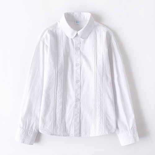 Pure Cotton White Blouse for Girls Spring and Autumn Season Student Performance School Uniform Children's White Long Sleeve Thin Blouse Class Uniform
